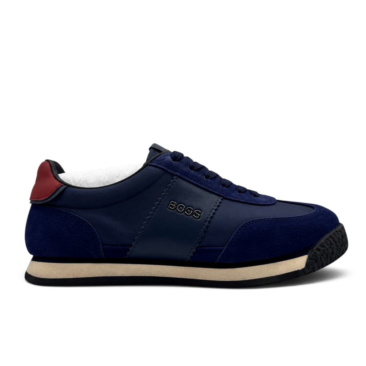 Bliss sneakers Hugo Boss blue suede sneakers with red heel detail and beige midsole side view