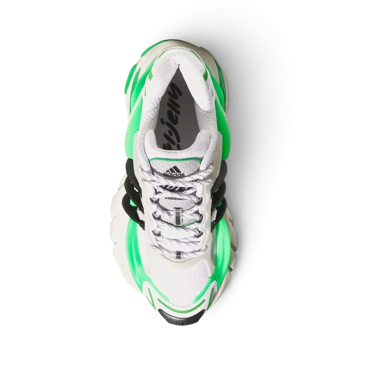 Bliss sneakers adidas Originals beyaz yeşil ve siyah renkli fütüristik tasarımlı file spor ayakkabı üstten görünüm