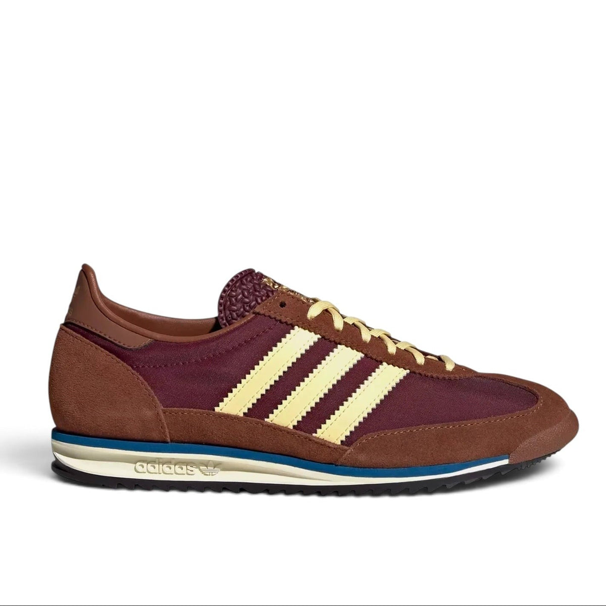 Bliss sneakers marka, bordo ve kahverengi süet detaylı, krem üç bantlı retro adidas Originals günlük spor ayakkabı.