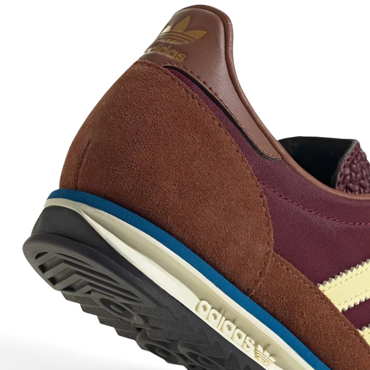 Bliss sneakers adidas Originals retro spor ayakkabı, kahverengi süet ve bordo tekstil detaylı topuk tasarımı.