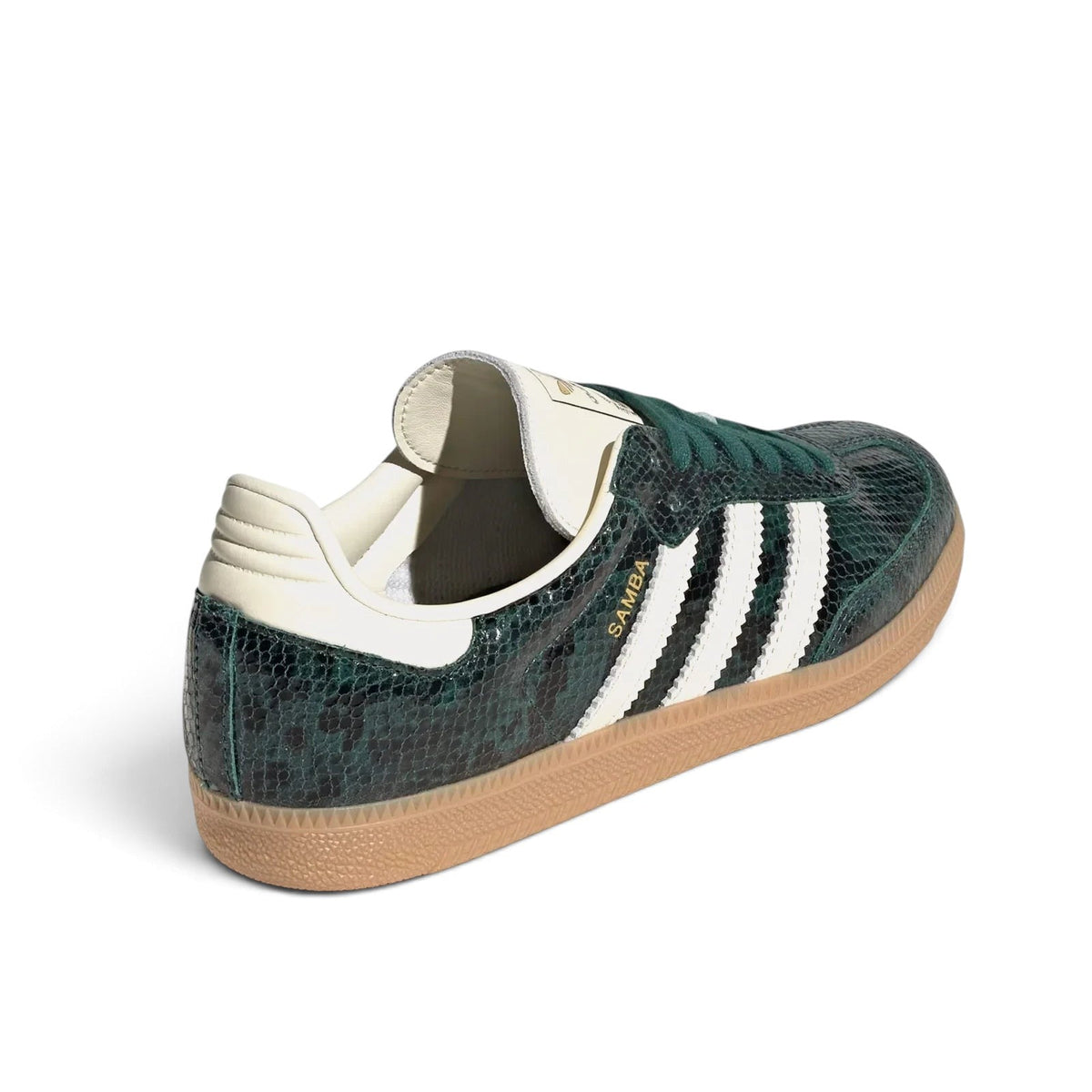 Bliss sneakers marka, orman yeşili yılan derisi desenli, beyaz üç bantlı ve kauçuk tabanlı adidas Samba spor ayakkabı