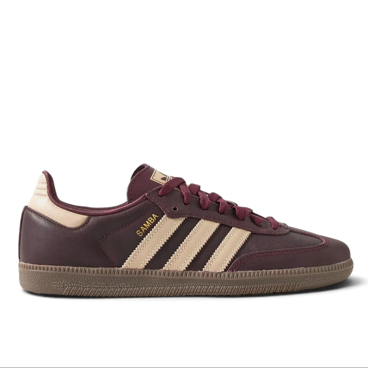 Bliss sneakers bordo deri adidas Samba spor ayakkabı, bej detaylı ve altın rengi Samba yazılı klasik tasarım