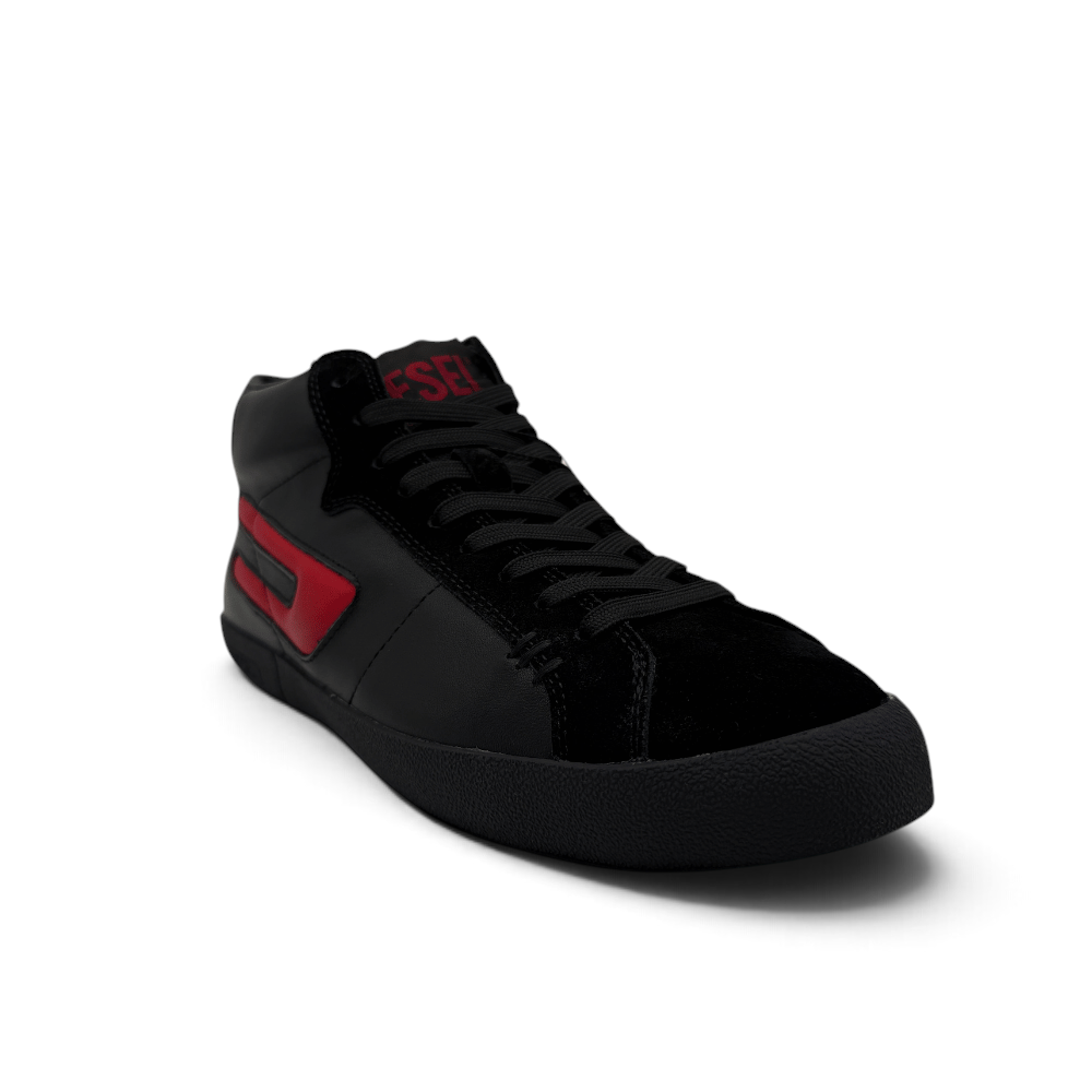Bliss sneakers Diesel K868 siyah ve kırmızı deri yüksek bilekli spor ayakkabı, sokak stili tasarım.