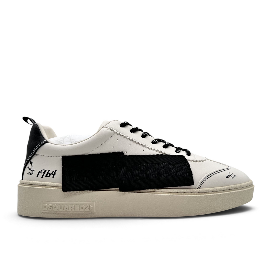 Bliss sneakers DSQUARED2 beyaz suni deri sneaker, siyah detaylı, grafik baskılı ve kalın tabanlı günlük spor ayakkabı