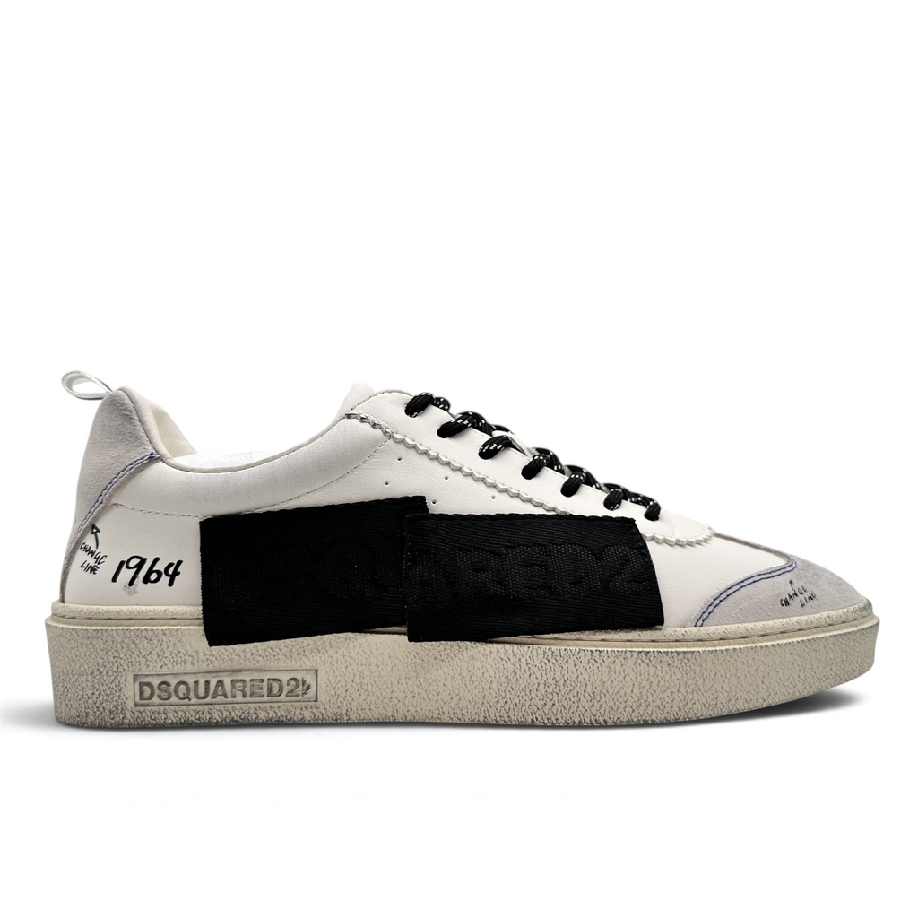 Bliss sneakers DSQUARED2 beyaz deri ve gri süet detaylı, siyah panelli, kauçuk tabanlı şık günlük spor ayakkabı