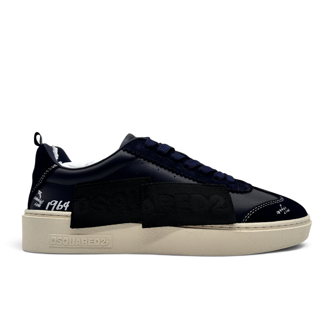 Bliss sneakers DSQUARED2 lacivert ve siyah deri süet detaylı, 1964 baskılı, kalın tabanlı erkek günlük spor ayakkabı