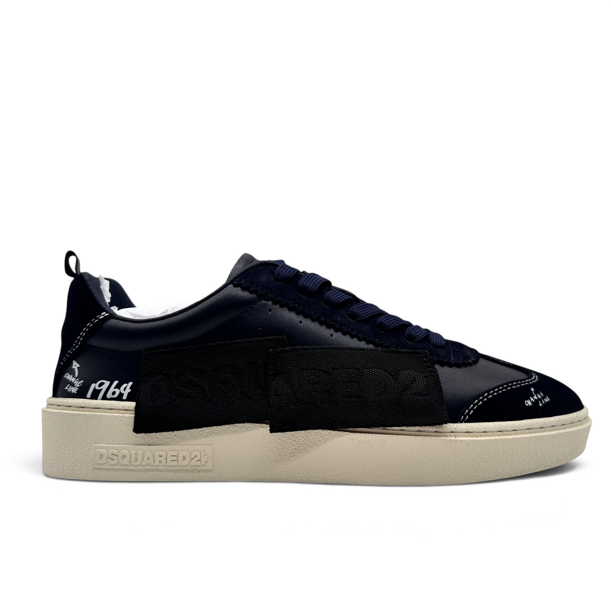 Bliss sneakers DSQUARED2 lacivert ve siyah deri süet detaylı, 1964 baskılı, kalın tabanlı erkek günlük spor ayakkabı