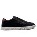 Bliss sneakers Emporio Armani siyah deri ve süet günlük spor ayakkabı, topukta kırmızı detay ve kabartmalı taban logolu