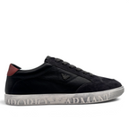 Bliss sneakers Emporio Armani siyah deri ve süet günlük spor ayakkabı, topukta kırmızı detay ve kabartmalı taban logolu