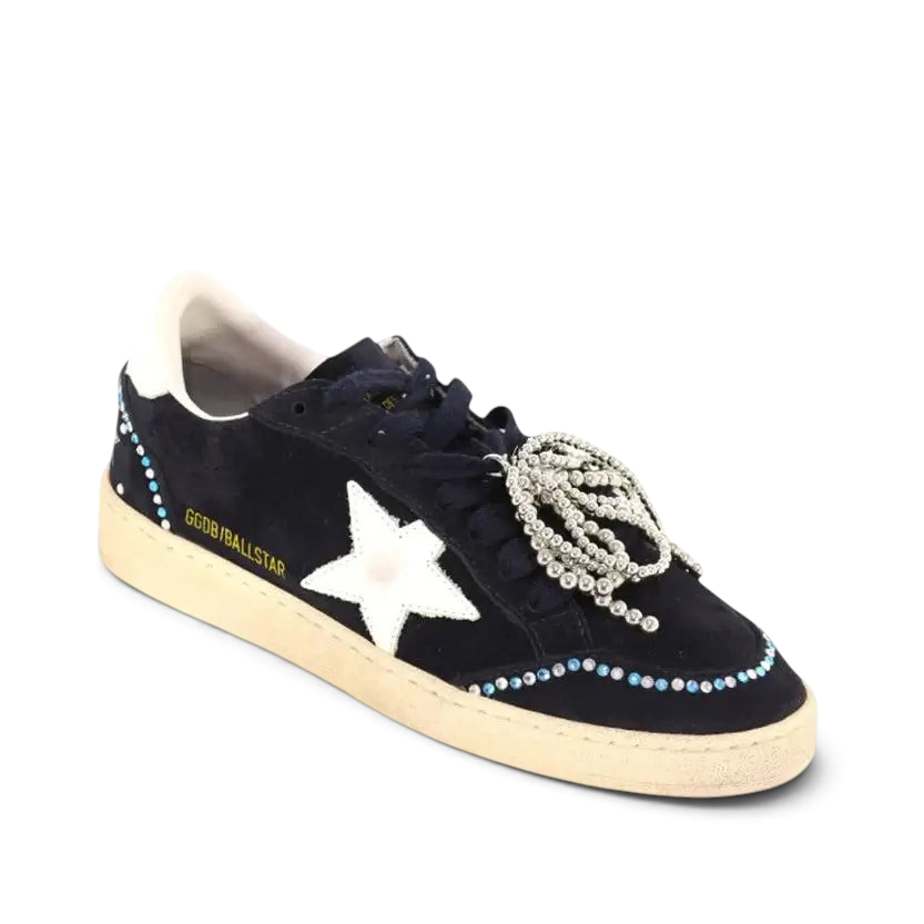 Bliss sneakers marka lacivert süet Golden Goose Ball Star spor ayakkabı, beyaz yıldız detaylı ve taş süslemeli