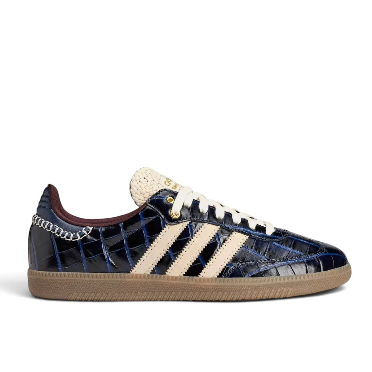 Bliss sneakers lacivert timsah derisi görünümlü dokuya ve krem rengi detaylara sahip şık adidas Wales Bonner spor ayakkabı