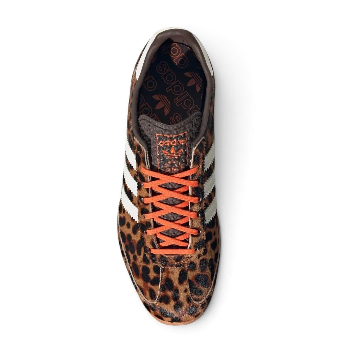 Bliss sneakers adidas Originals leopar desenli, turuncu bağcıklı ve beyaz üç bant detaylı günlük spor ayakkabı