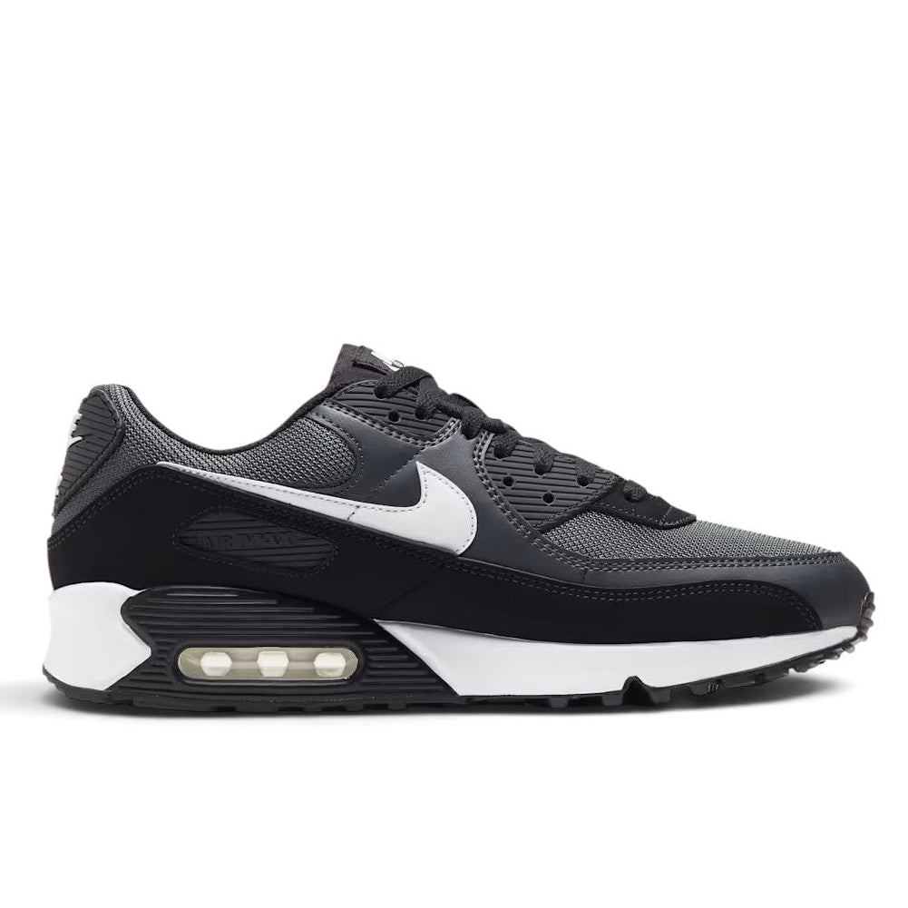Bliss sneakers Nike Air Max 90 siyah ve antrasit renkli, beyaz detaylı, yastıklamalı tabana sahip günlük spor ayakkabı