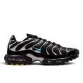 Bliss sneakers Nike Air Max Plus siyah file spor ayakkabı, mavi detaylı ve sarı vurgulu yastıklamalı taban tasarımı