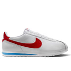 Bliss sneakers Nike Cortez beyaz deri spor ayakkabı, kırmızı ikonik swoosh detaylı ve mavi orta tabanlı retro tasarım