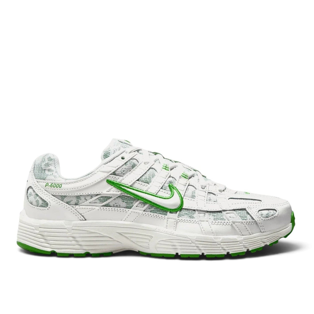Bliss sneakers Nike P-6000 beyaz ve yeşil detaylı, file ve deri yüzeyli, retro koşu tarzı günlük spor ayakkabı