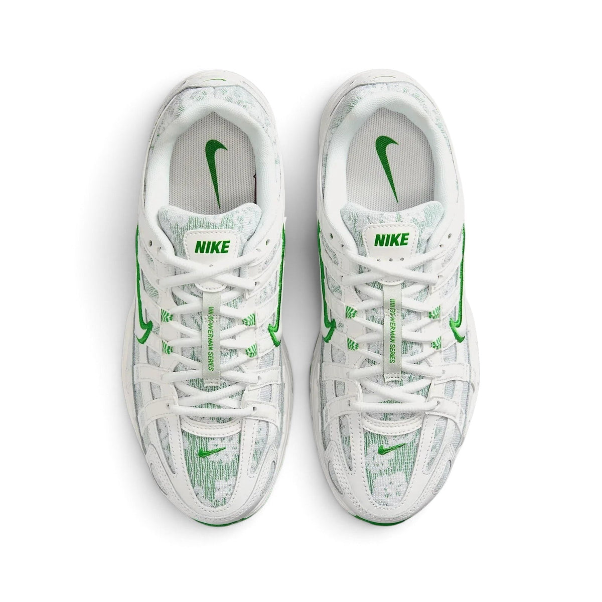 Bliss sneakers Nike P-6000 beyaz ve yeşil detaylı, file ve deri yüzeyli, üstten görünüm spor ayakkabı
