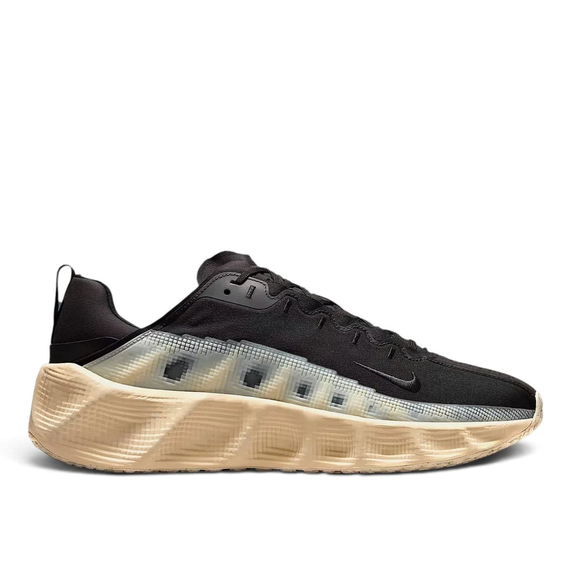Bliss sneakers Nike siyah renkli, bej geometrik tabanlı, şeffaf detaylı modern günlük spor ayakkabı