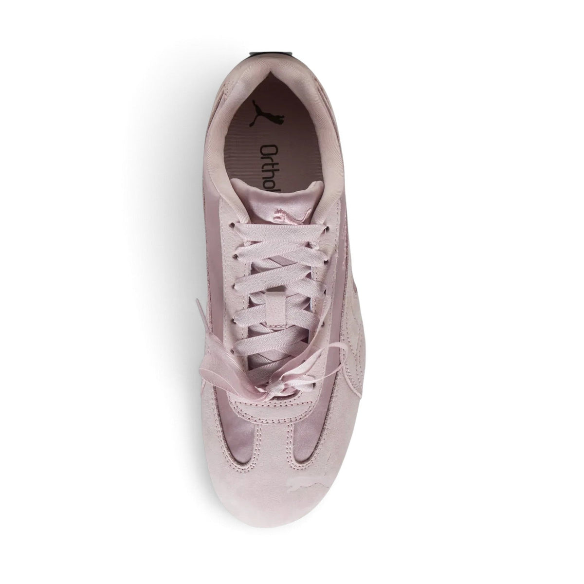 Bliss sneakers marka pudra pembesi saten ve süet detaylı, OrthoLite tabanlı şık kadın spor ayakkabı üstten görünüm
