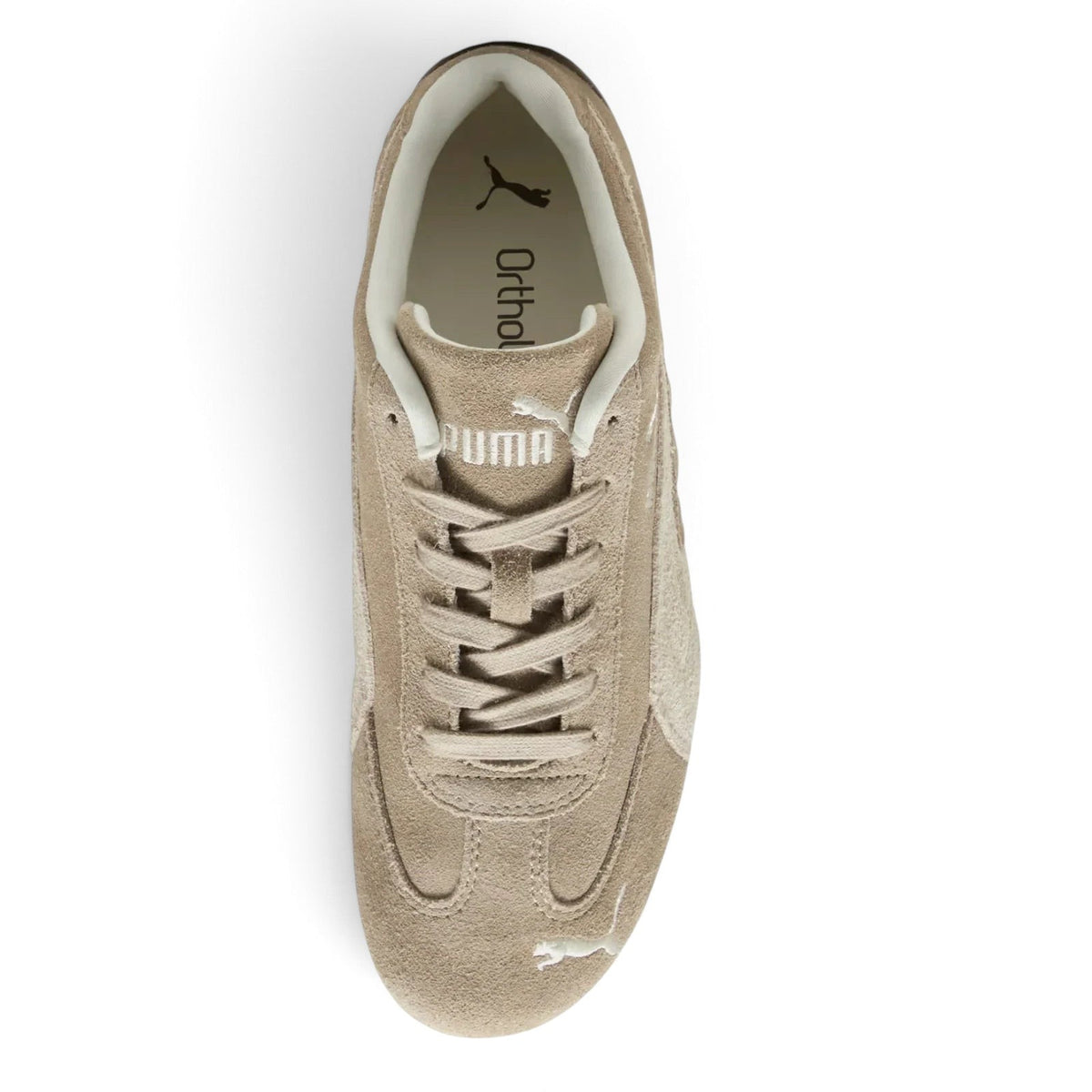 Bliss sneakers marka bej renkli süet Puma günlük spor ayakkabı, üstten görünüm ve Ortholite iç taban detayı