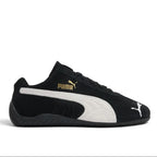 Bliss sneakers Puma Speedcat OG siyah süet düşük bilekli spor ayakkabı, beyaz yan şerit ve altın logo detaylı