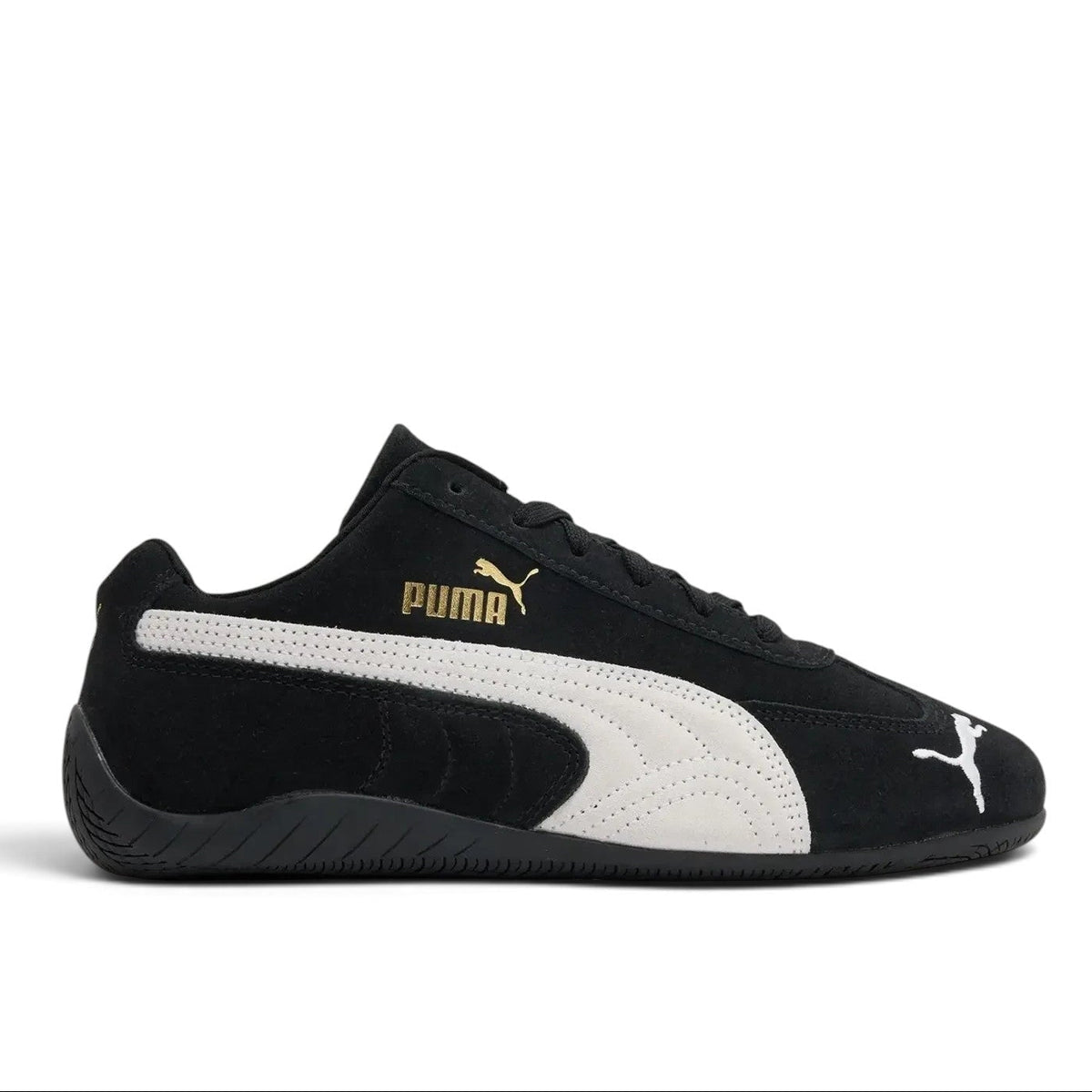 Bliss sneakers Puma Speedcat OG siyah süet düşük bilekli spor ayakkabı, beyaz yan şerit ve altın logo detaylı