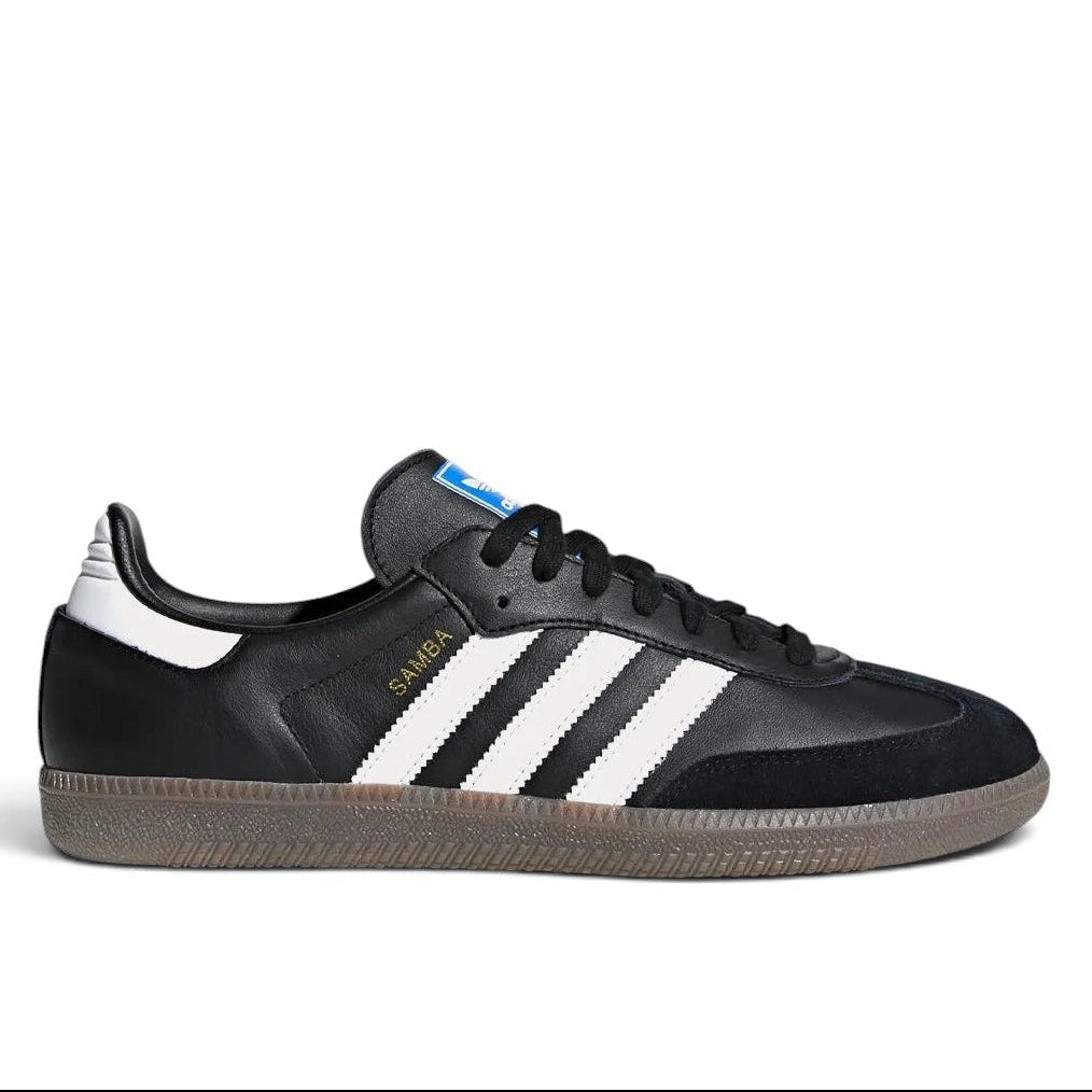 Bliss sneakers siyah deri adidas Samba spor ayakkabı, beyaz üç bant detayı, süet burun ve kauçuk taban ile.
