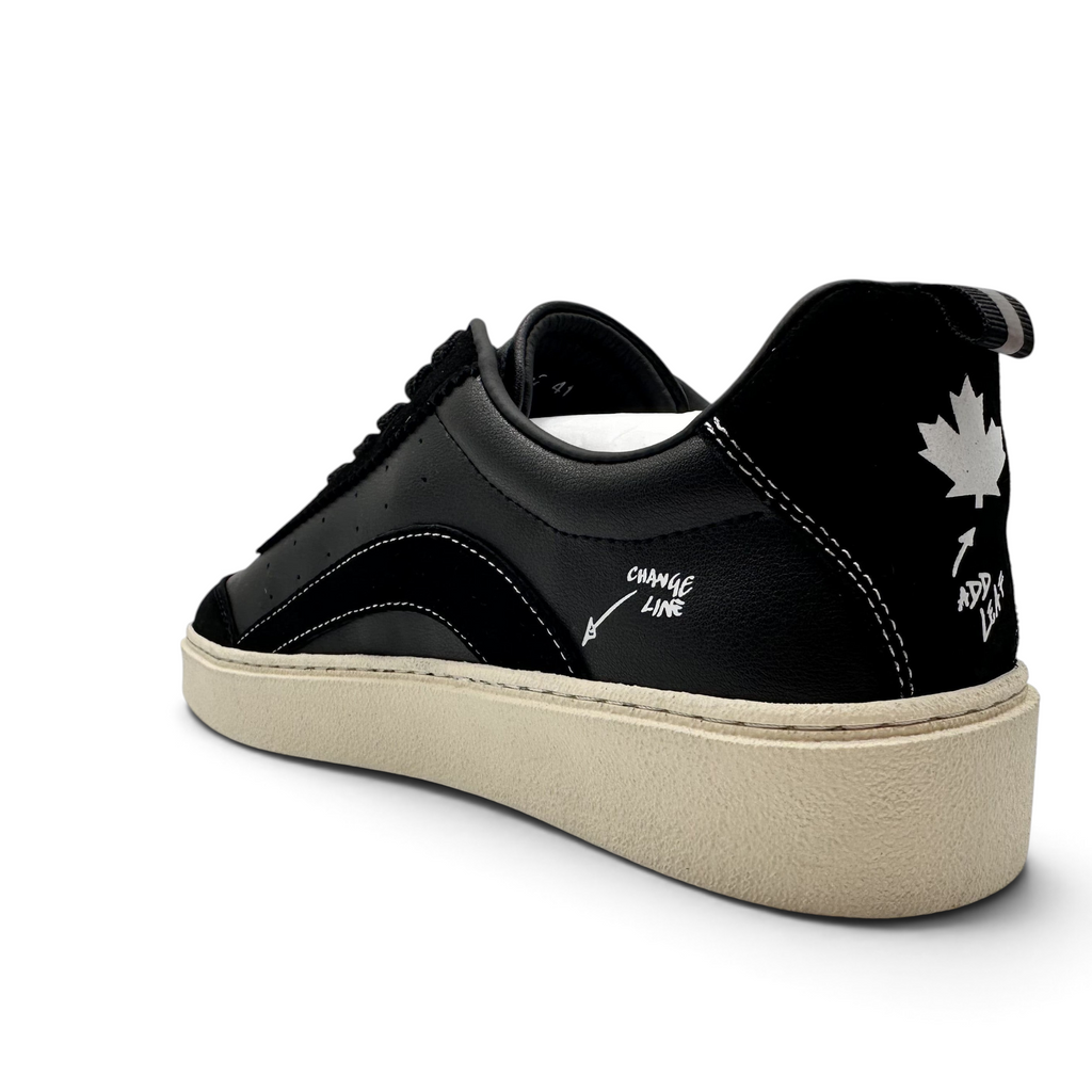 Bliss sneakers siyah deri ve süet detaylı, topuk kısmında beyaz akçaağaç yaprağı baskılı erkek günlük spor ayakkabı