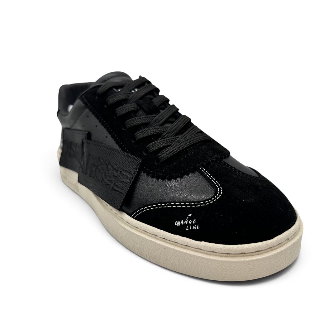 Bliss sneakers siyah deri ve süet detaylı, beyaz tabanlı, grafik baskılı DSQUARED2 erkek günlük spor ayakkabı