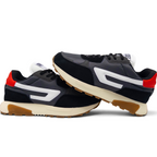 Bliss sneakers marka siyah ve kırmızı süet detaylı, beyaz logolu düşük bilekli spor ayakkabı
