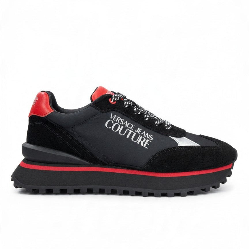 Bliss sneakers Versace Jeans Couture siyah ve kırmızı detaylı, süet ve kumaş karışımlı platform tabanlı spor ayakkabı