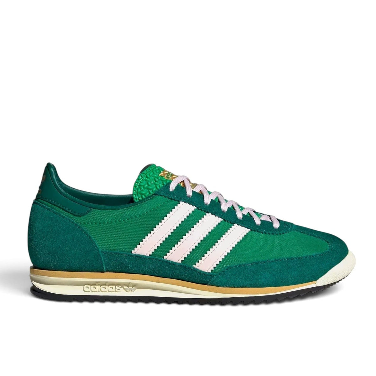 Bliss sneakers adidas Originals yeşil süet ve tekstil detaylı, beyaz üç bantlı ve pembe bağcıklı retro spor ayakkabı