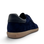 Bliss sneakers Zegna Blue suede low-top sneaker with a dark blue heel tab and a gum rubber sole, rear view