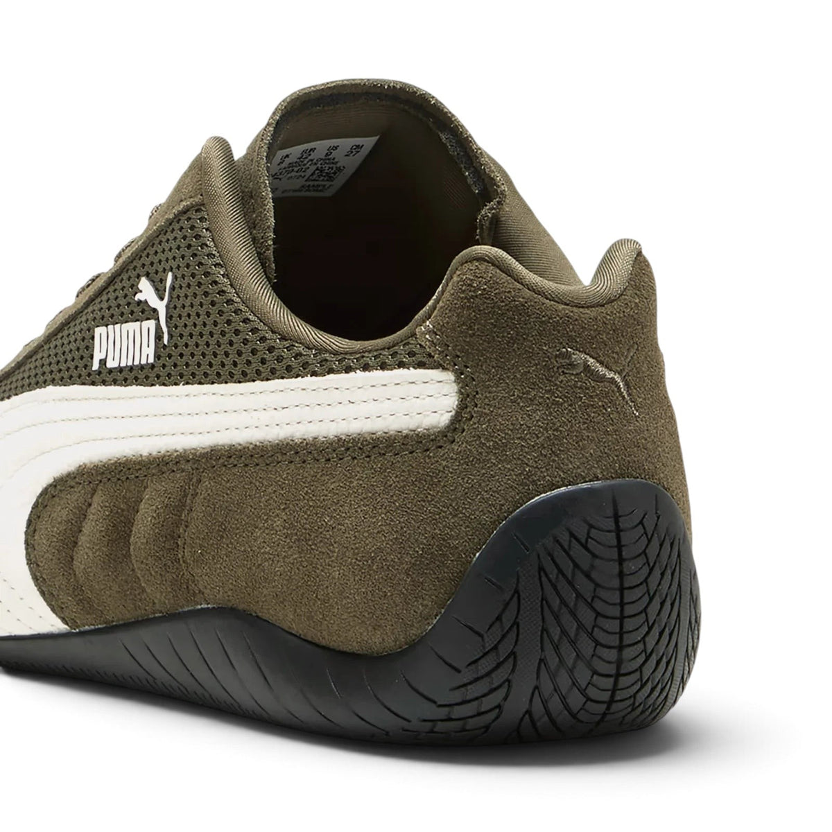 Bliss sneakers marka zeytin yeşili süet ve file detaylı, beyaz formstrip logolu, yarış stili kauçuk tabanlı spor ayakkabı