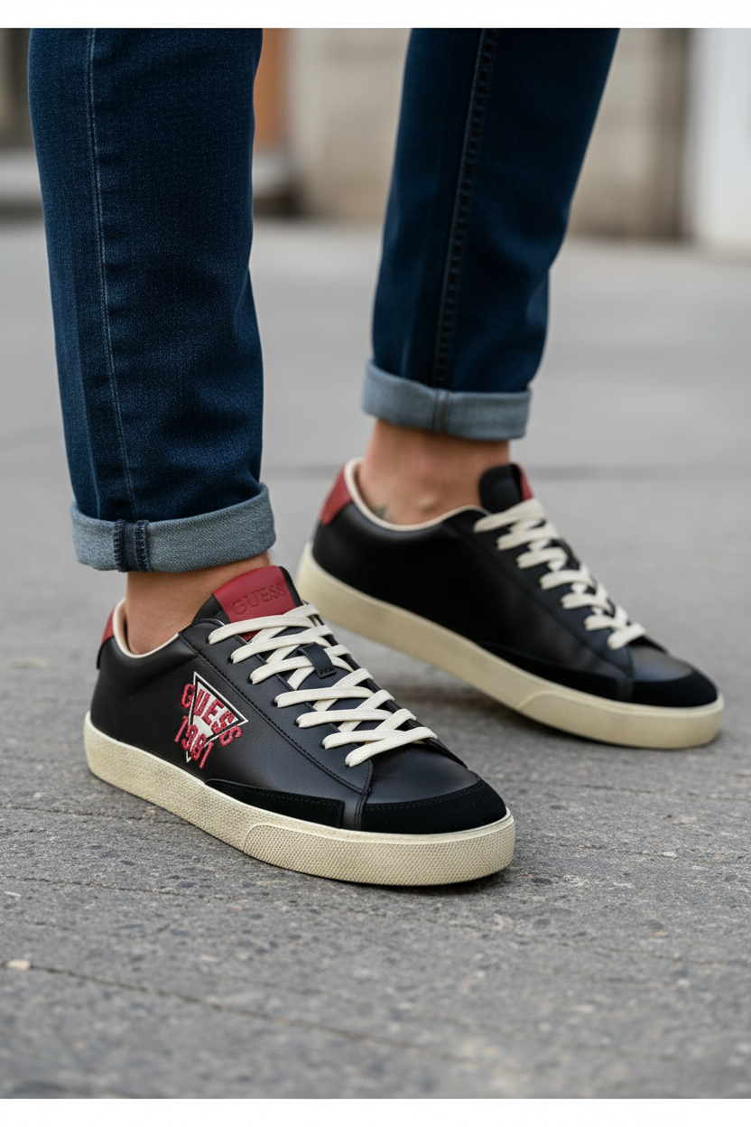 Man wearing Guess sneakers - close-up focus